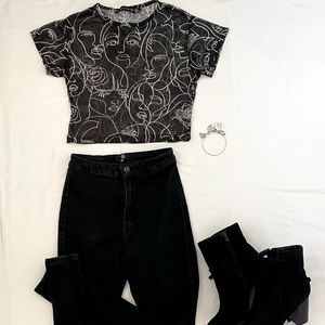 Mesh Abstract Face Black Crop Top